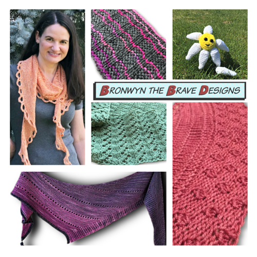 Photo collage of 6 designs: Summer Stock Shawlette, Valor Cowl, Windswept Forest Cowl, He Loves Me! daisy softie, Cupid in the Underworld shawl, and Gathering Rosebuds shawl.