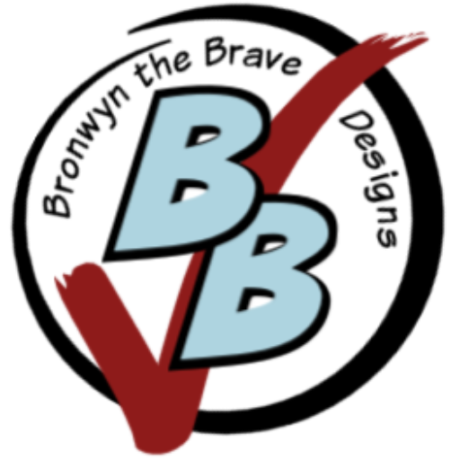 Bronwyn the Brave logo with BB in a comic book font on top of a red checkmark, all in a hand-drawn circle