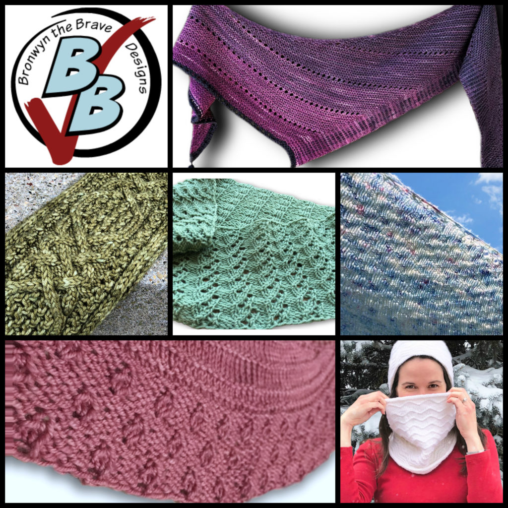 Collage of 6 photos: Cupid in the Underworld shawl, Frost Heaves Cowl, Windswept Forest Cowl, Cloud Gazer Shawl, Gathering Rosebuds Shawl, & Snowscape Hat and Cowl.